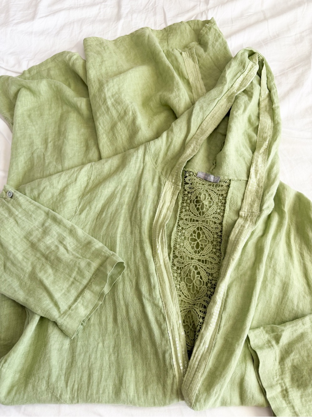 100% Linen Green Hooded Long Duster Coat - Made in Italy